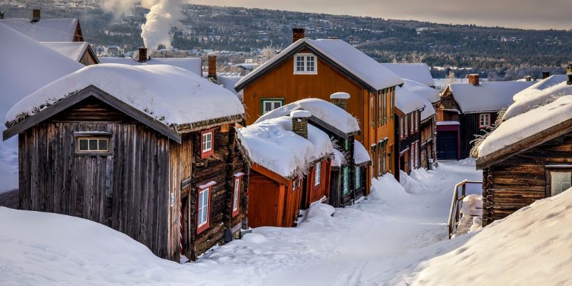 houses covered in snow in winter